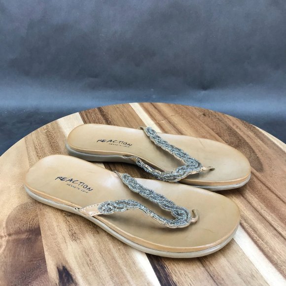 Kenneth Cole Reaction Brown Faux Leather Flip Flops Slip On Sandals Womens Sz 6 - Picture 1 of 7